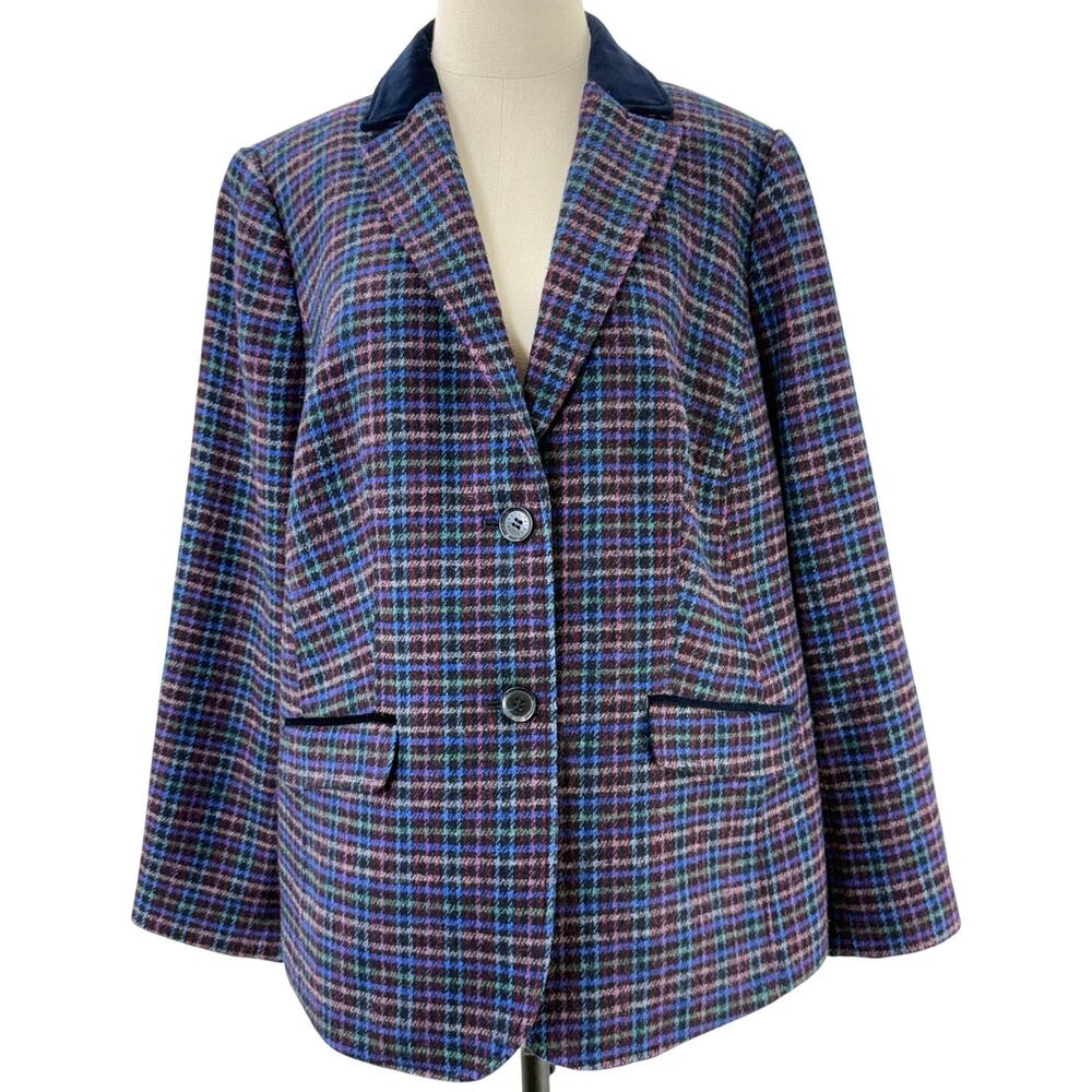 Talbots Plus 14W Wool Blazer Blue Plaid Lined Career Jacket Women